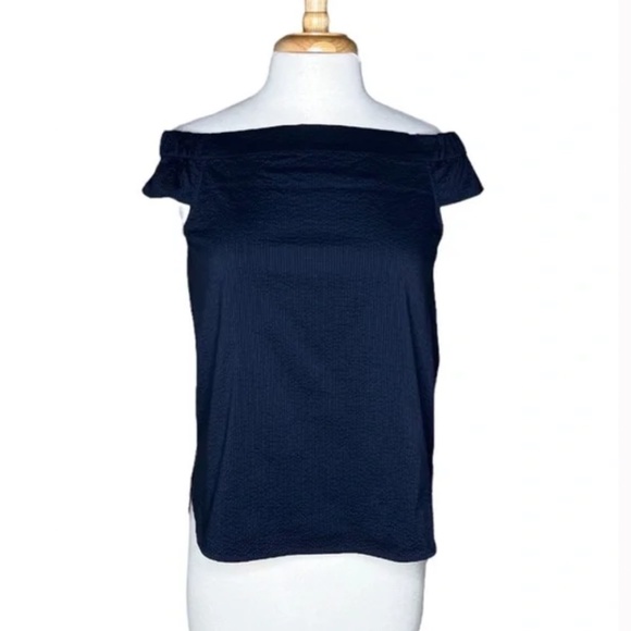 Tibi Seersucker Off Shoulder Top in Navy Blue - Picture 2 of 5